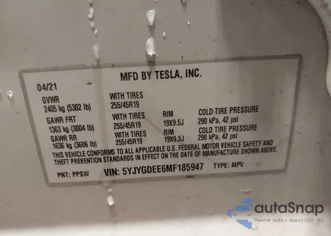 2021 Tesla Model Y Long Range Dual Motor All-Wheel Drive from USA, damaged, VIN 5YJYGDEE6MF185947